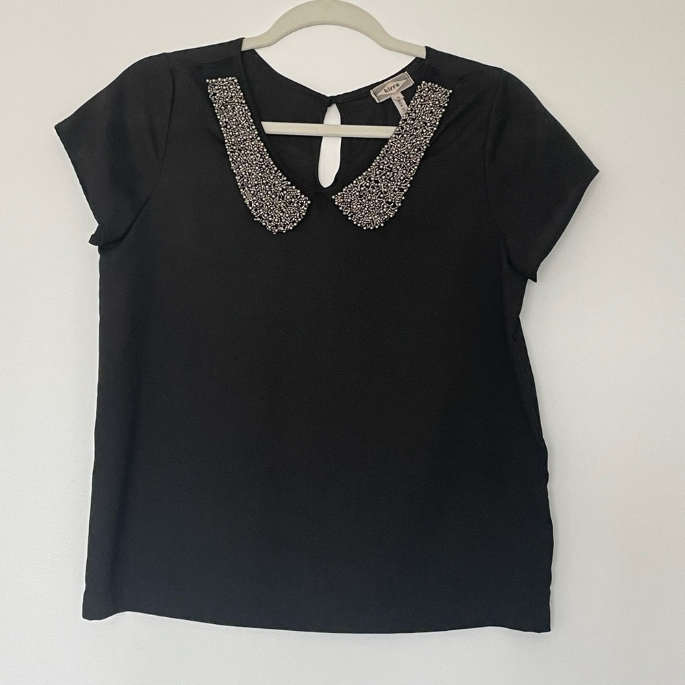 Kirra size S shiny black blouse with silver sequins on the collar